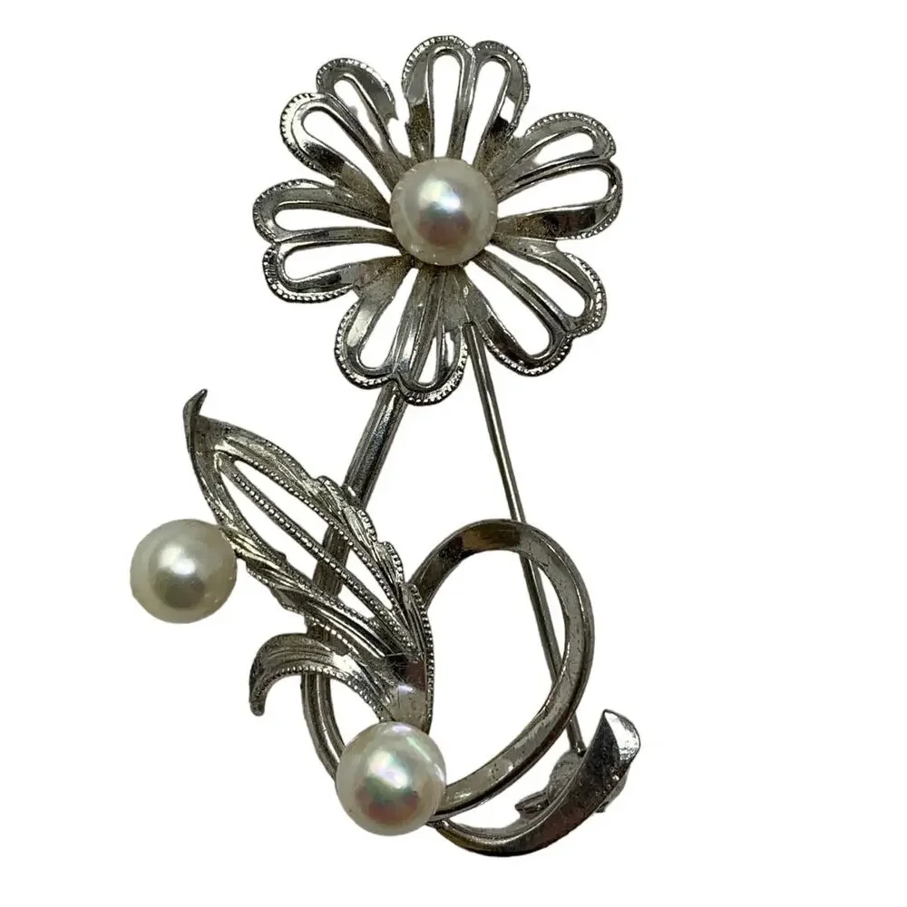 Vintage Floral Brooch Sterling Silver Pearl Details